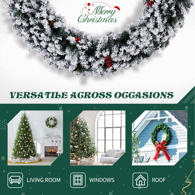60in Pre-lit Snow Flocked Christmas Wreath, Lighted Artificial Xmas Wreath With 220 Warm White Lights And 600 PVC Tips And DIY Ornaments, For Front Door Gate Wall Xmas Party Decorations, Snowy Green