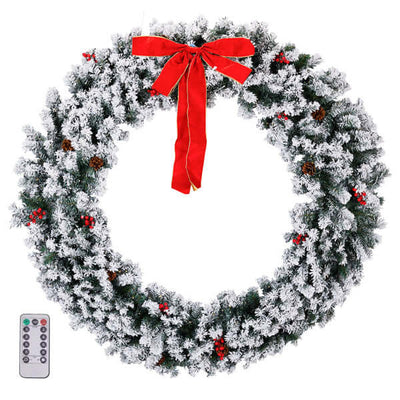 60in Pre-lit Snow Flocked Christmas Wreath, Lighted Artificial Xmas Wreath With 220 Warm White Lights And 600 PVC Tips And DIY Ornaments, For Front Door Gate Wall Xmas Party Decorations, Snowy Green