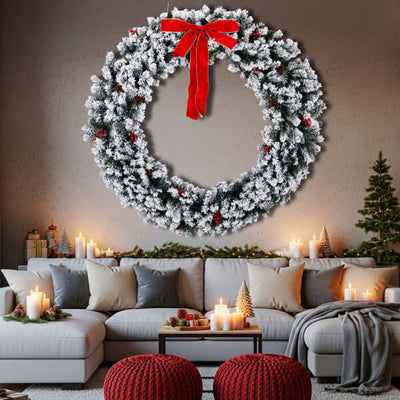 60in Pre-lit Snow Flocked Christmas Wreath, Lighted Artificial Xmas Wreath With 220 Warm White Lights And 600 PVC Tips And DIY Ornaments, For Front Door Gate Wall Xmas Party Decorations, Snowy Green