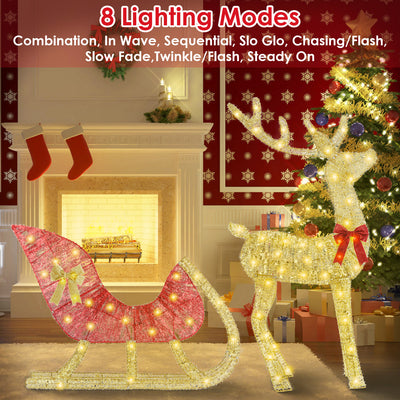 1Pc Lighted Christmas Reindeer & Sleigh Indoor Outdoor Christmas Decoration Christmas Lighted Display With 8 Lighting Modes