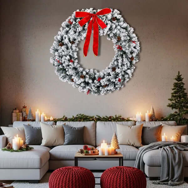 48in Pre-lit Snow Flocked Christmas Wreath, Lighted Artificial Xmas Wreath With 150 Warm White Lights And 450 PVC Tips And DIY Ornaments, For Front Door Gate Wall Xmas Party Decorations, Snowy Green