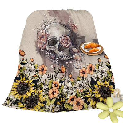 Rustic Skull Sunflower Flannel Fleece Blanket Floral Skull Flannel Soft Plush Throw Blanket Cozy Blankets For Bed Chair Car Sofa Couch Bedroom 75x100cm 130x150cm 150x200cm