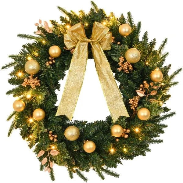 24in Pre-lit Battery Powered Christmas Wreath With Remote, Lighted Artificial Xmas Wreath With 50 Warm Lights And 120 PVC Tips And Ornaments, For Front Door Gate Wall Xmas Party Decorations S001