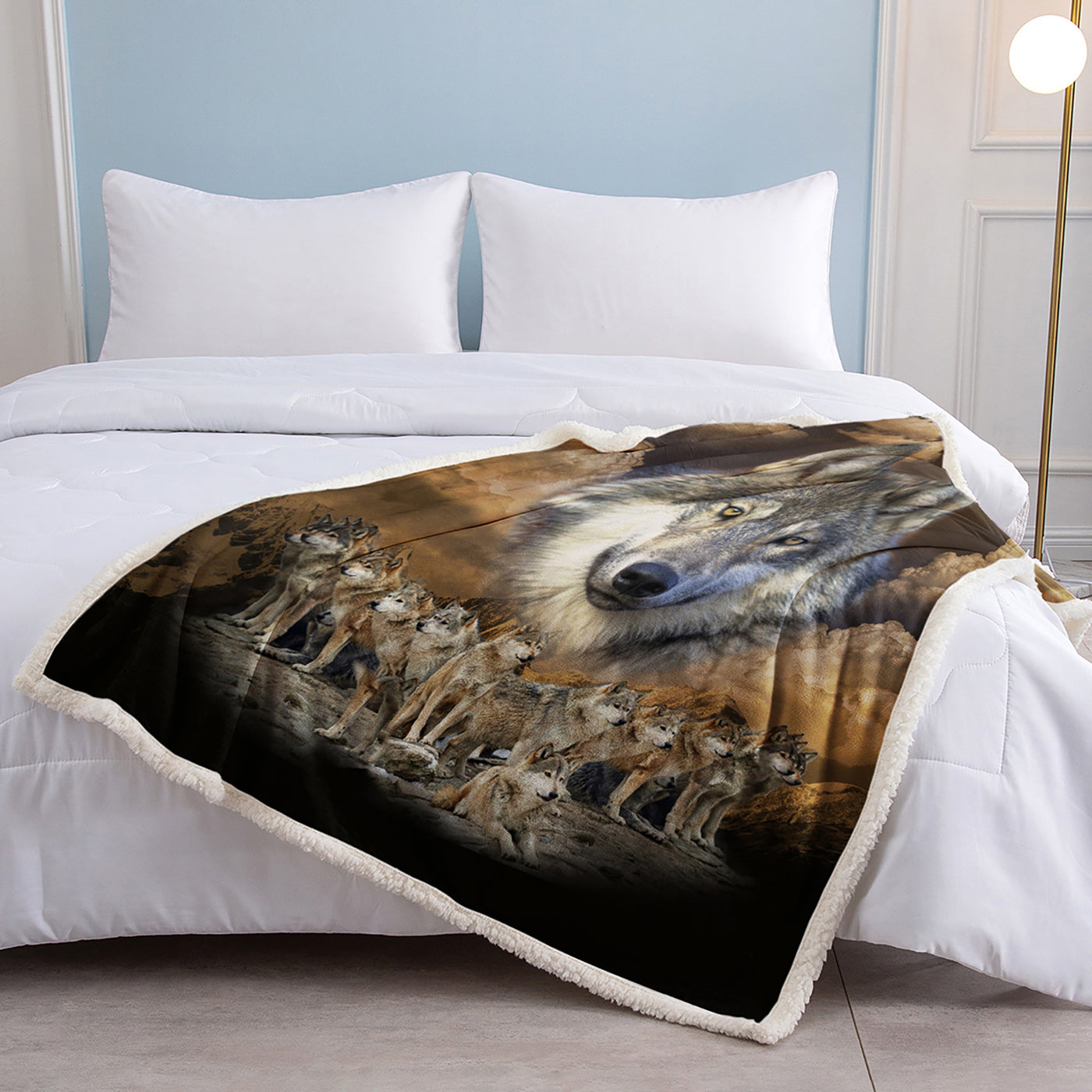 Indian Wolf Sherpa Fleece Blanket Native American Wolf Cozy Warm Fluffy Plush Blanket For Bed Couch Chair Living Room Decor 50x60 Inch 60x80 Inch