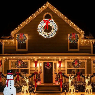 48in Pre-lit Snow Flocked Christmas Wreath, Lighted Artificial Xmas Wreath With 150 Warm White Lights And 450 PVC Tips And DIY Ornaments, For Front Door Gate Wall Xmas Party Decorations, Snowy Green