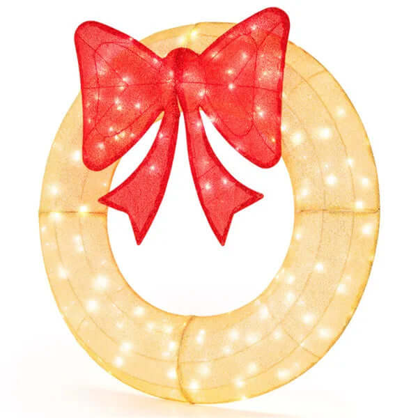 Pre-Lit Christmas Wreath - 200 LED Lights Warm White Red, Large Bow IP44 Weatherproof For Indoor Outdoor