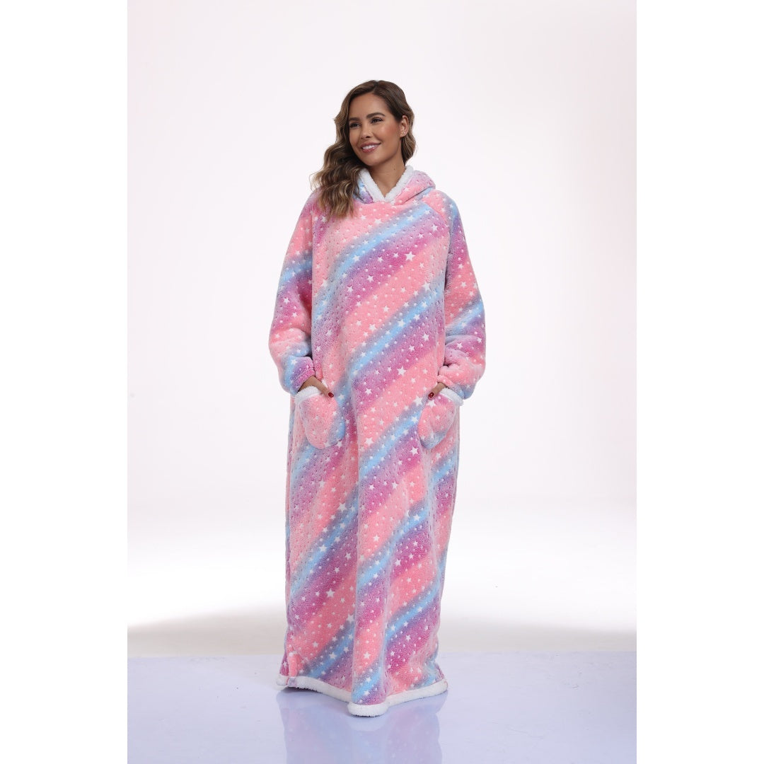 Oversized Wearable Hooded Blanket With Print Glow In The Dark Long Size-59in Sherpa Warm Sweatshirt For Women