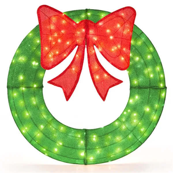 Pre-Lit Christmas Wreath - 200 LED Lights  Warm White Red , Large Bow , IP44 Weatherproof For Indoor Outdoor