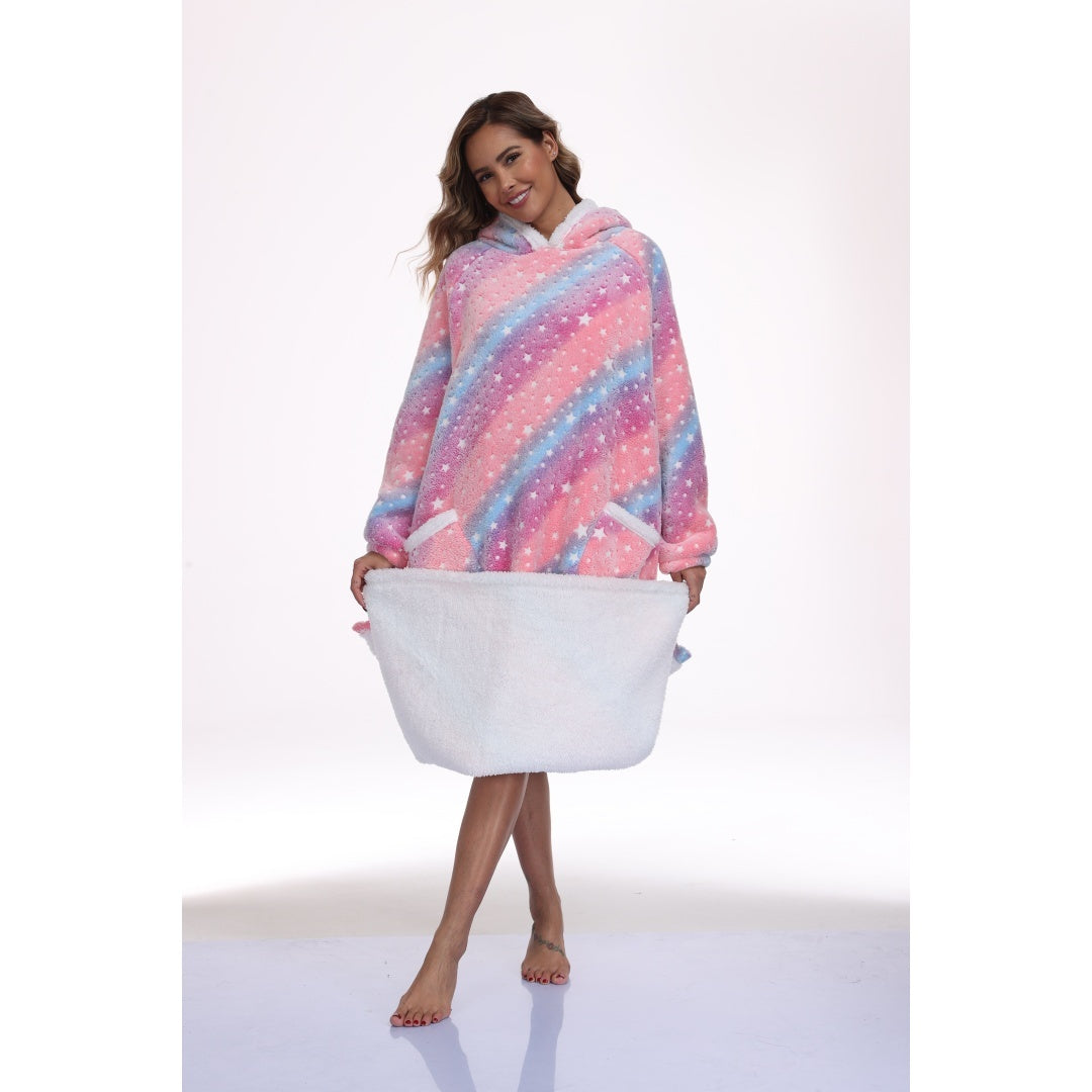 Oversized Wearable Hooded Blanket With Print Glow In The Dark Long Size-59in Sherpa Warm Sweatshirt For Women