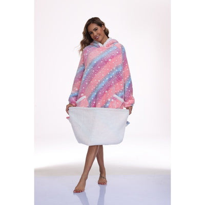Oversized Wearable Hooded Blanket With Print Glow In The Dark Long Size-59in Sherpa Warm Sweatshirt For Women