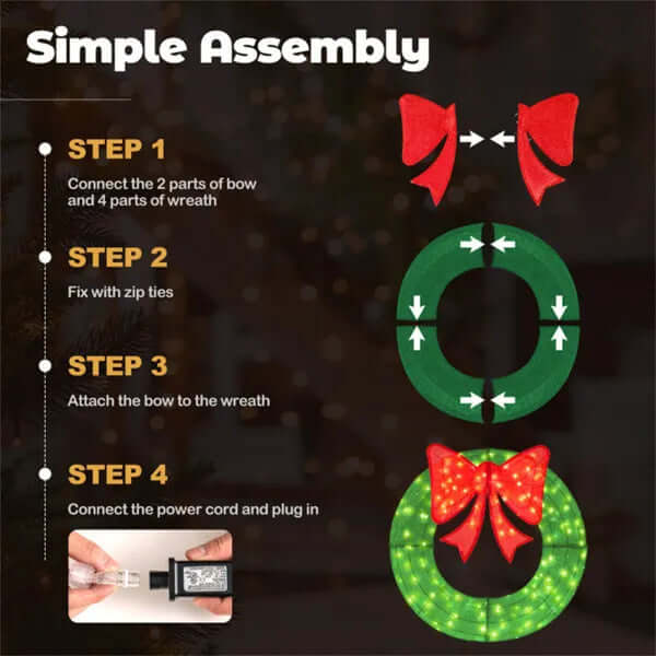 Pre-Lit Christmas Wreath - 200 LED Lights  Warm White Red , Large Bow , IP44 Weatherproof For Indoor Outdoor