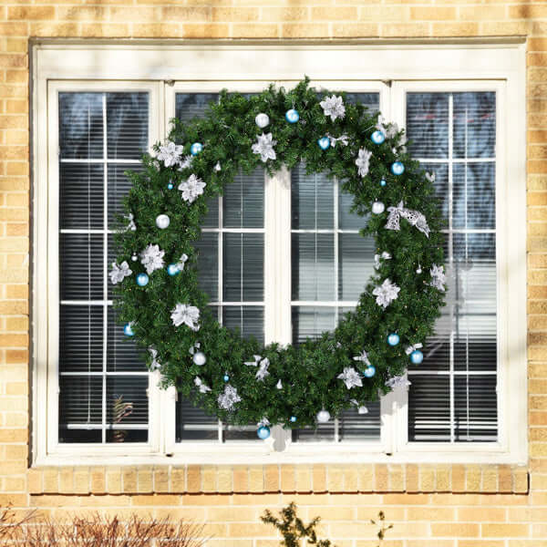 60in Pre-lit Christmas Wreath, Lighted Artificial Xmas Wreath With 220 Cold & Warm White Lights And 600 PVC Tips And DIY Ornaments, For Front Door Gate Wall Xmas Party Decorations, Light Green