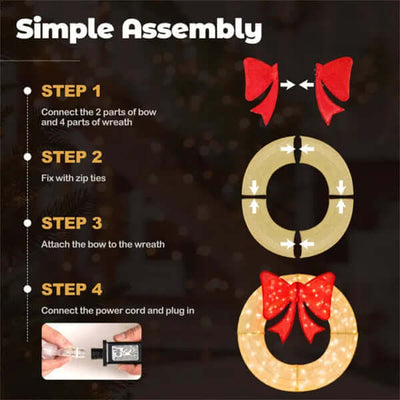 Pre-Lit Christmas Wreath - 200 LED Lights Warm White Red, Large Bow IP44 Weatherproof For Indoor Outdoor